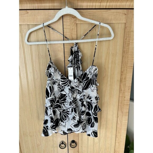 J Crew Drapey Ruffle Tank Top Black Floral White NWT Size Large - Picture 4 of 7